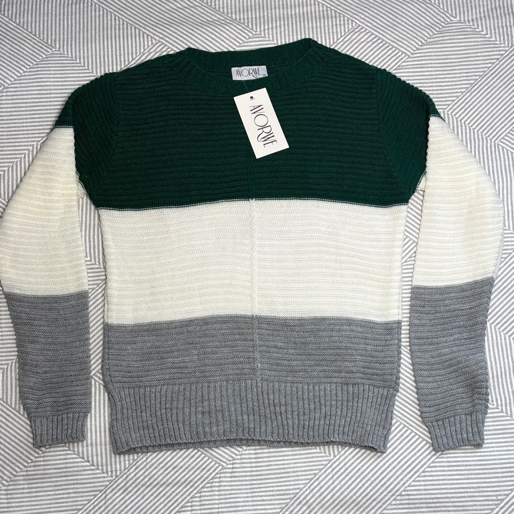 Women's Color Block Sweater - Green, Cream, and Gray